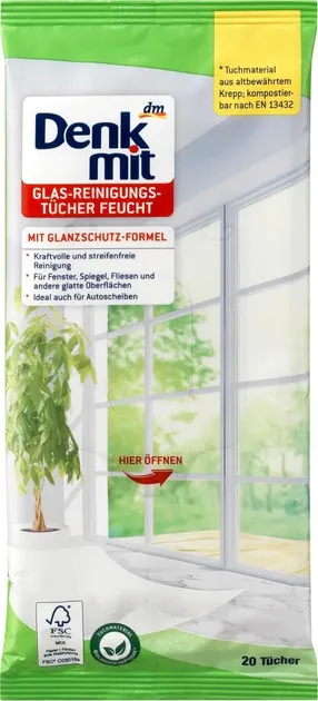 Влажные салфетки Denkmit для чистки окон, зеркал и стеклянных поверхностей, 20 шт.