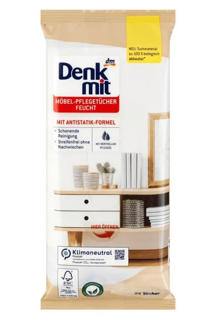 Вологі серветки для догляду за меблями Denkmit Mit Antistatik-Formel з антистатичним ефектом, 24 шт