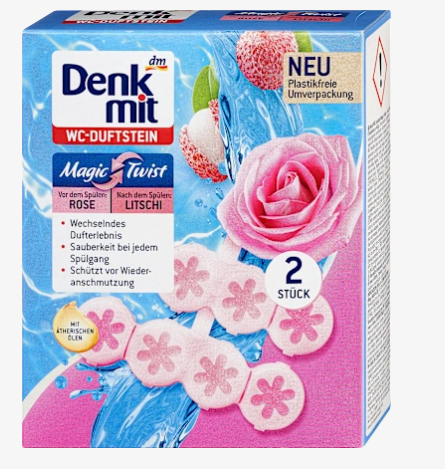 Туалетный блок Denkmit для унитаза Magic Twist с ароматом розы и личи, 2 шт.