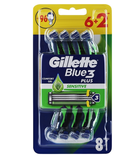 Одноразовые станки Gillette Blue 3 Plus Sensetiv, 8 шт